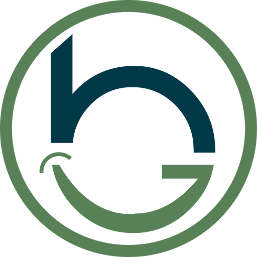 Brocks Gap Dentistry logo featuring stylized lowercase 'b' and 'g' in teal and green circular design.