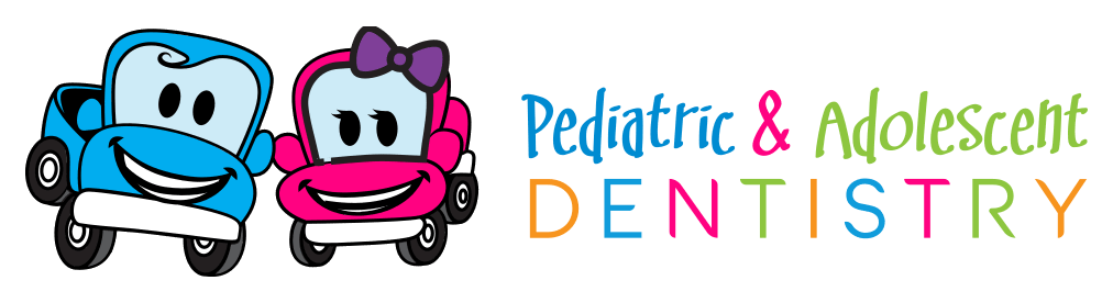 Colorful cartoon cars with smiling faces and text reading "Pediatric & Adolescent Dentistry"